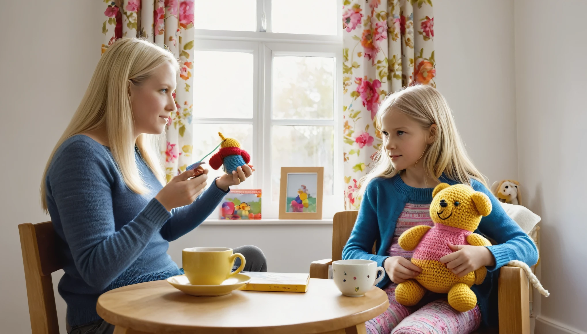 A therapist using a toy to encourage conversation with a young girl holding a teddy bear