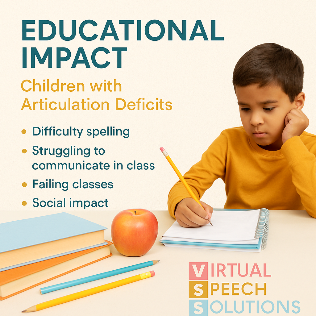 Educational impact of articulation deficits in children: difficulty spelling, struggling to communicate in class, failing classes and social impact