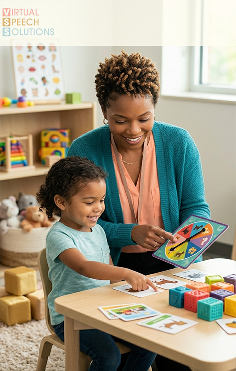 A speech-language pathologist working with a young child at a table using picture cards